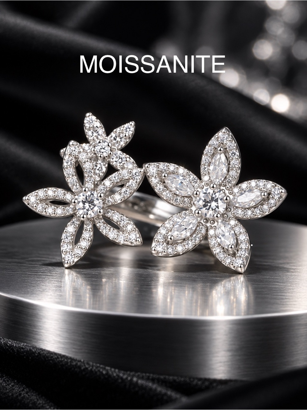 Brilliant Moissanite Stones, Convertible Floral Ring, 925 Sterling Silver